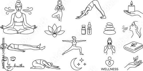 Photography Title: Wellness Yoga Icons Set with Meditation Poses Relaxation Symbols and Mind