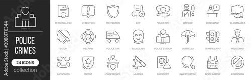 Photography Police and crime linear icons covering law enforcement, investigation and public safety concepts