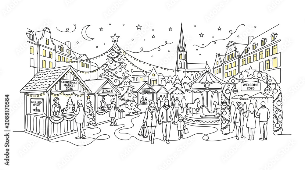 Fototapeta premium Festive Christmas Market Scene with People Carousel and Large Tree in Continuous Line Art Style