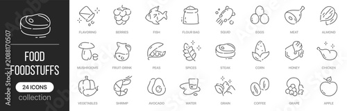 Foto Food and foodstuffs linear icons covering groceries, fresh ingredients and nutrition concepts