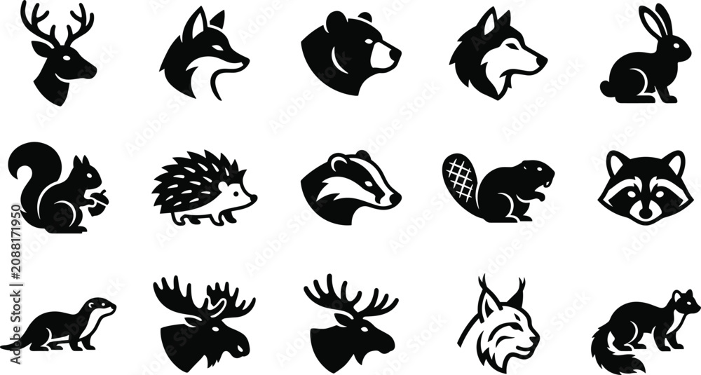 Fototapeta premium Forest Wildlife Animal Silhouette Icon Collection Featuring Deer Wolf Bear Rabbit Beaver Raccoon and Woodland Fauna