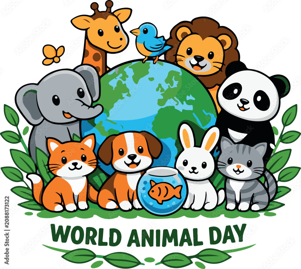Naklejka premium World Animal Day Cute Cartoon Animals Around Earth Vector Illustration50 Keywords: