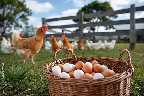 Rustic Farm Scene with Chicken and Eggs