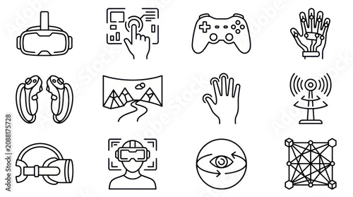 Virtual Reality Technology Icons Set: VR Headset, Controllers, Hand Tracking, Gaming