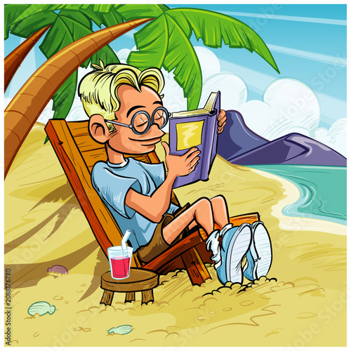 Boy Reading a Book on a Tropical Beach Chair Relaxing on Summer Vacation by the Sea
