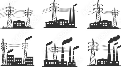 Industrial Building and Power Transmission Tower Silhouette Collection for Energy Infrastructure Design