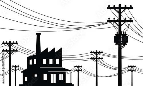 Industrial Building Silhouette with Utility Poles and Electrical Power Lines Infrastructure Scene