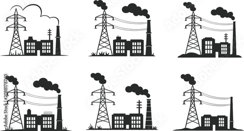 Industrial Power Plant Silhouette Collection with Smokestacks and Transmission Towers for Energy Design