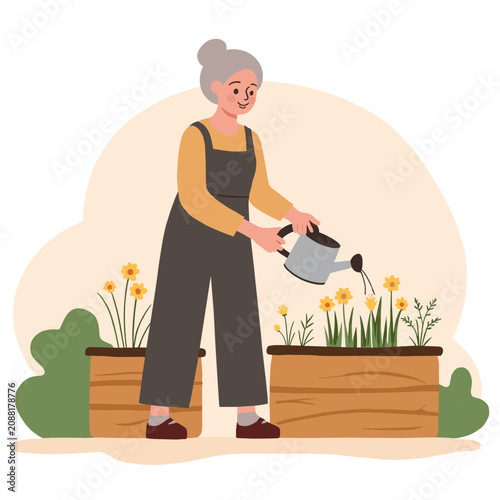 Elderly woman watering flowers in garden with wooden planters. Elderly set  