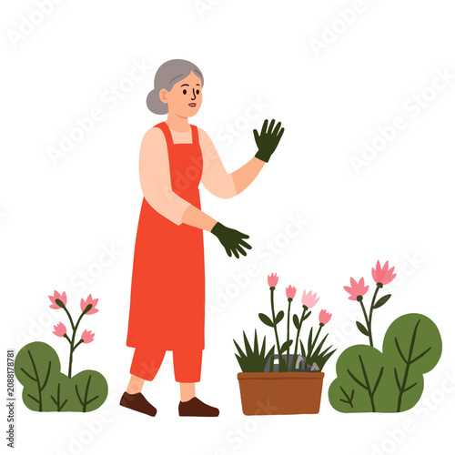 Elderly woman gardening and tending to flowers in outdoor garden. Elderly set  