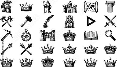 Medieval Fantasy Icon Collection Featuring Crowns, Castles, Weapons, and Magical Symbols