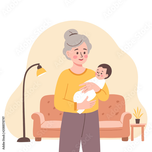 Elderly woman holding a smiling baby in a cozy living room. Elderly set  