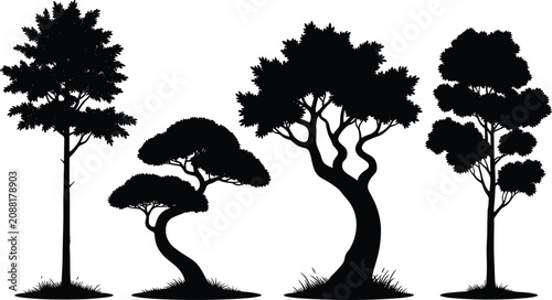Tree Silhouette Collection Featuring Diverse Shapes and Branching Patterns for Nature Design Projects
