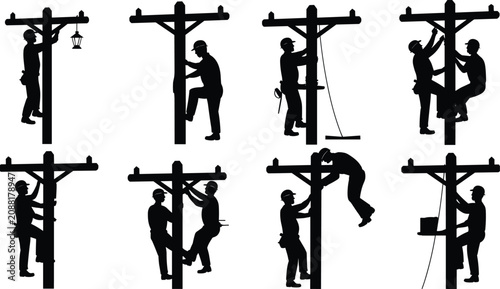 Utility Worker Silhouette Collection Performing Maintenance and Installation Tasks on Electrical Poles