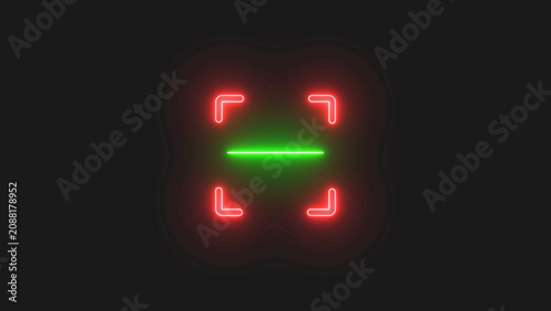 Glowing red focus frame icon with a bright green horizontal line in the center representing a digital scanner or camera target interface design element for technology and user experience interface