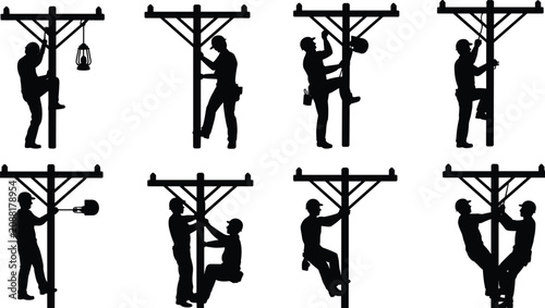 Utility Worker Silhouette Collection Climbing and Repairing Electrical Poles with Teamwork and Safety Gear