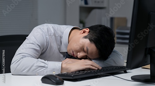 Overworked Professional: Exhausted Office Worker Asleep at Desk