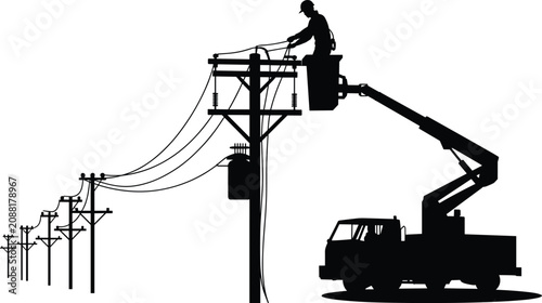Utility Worker Silhouette in Bucket Lift Performing Electrical Pole Maintenance and Repair Work