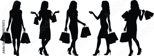 Women Shopping Silhouette Collection Holding Bags for Fashion and Consumer Lifestyle Design