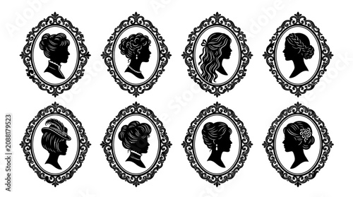 Foto Victorian Woman Silhouette Portraits in Ornate Oval Frames