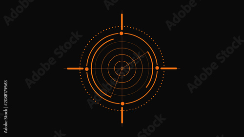 Fotografija Orange circular target sight icon with thin lines and dots on a dark black backg