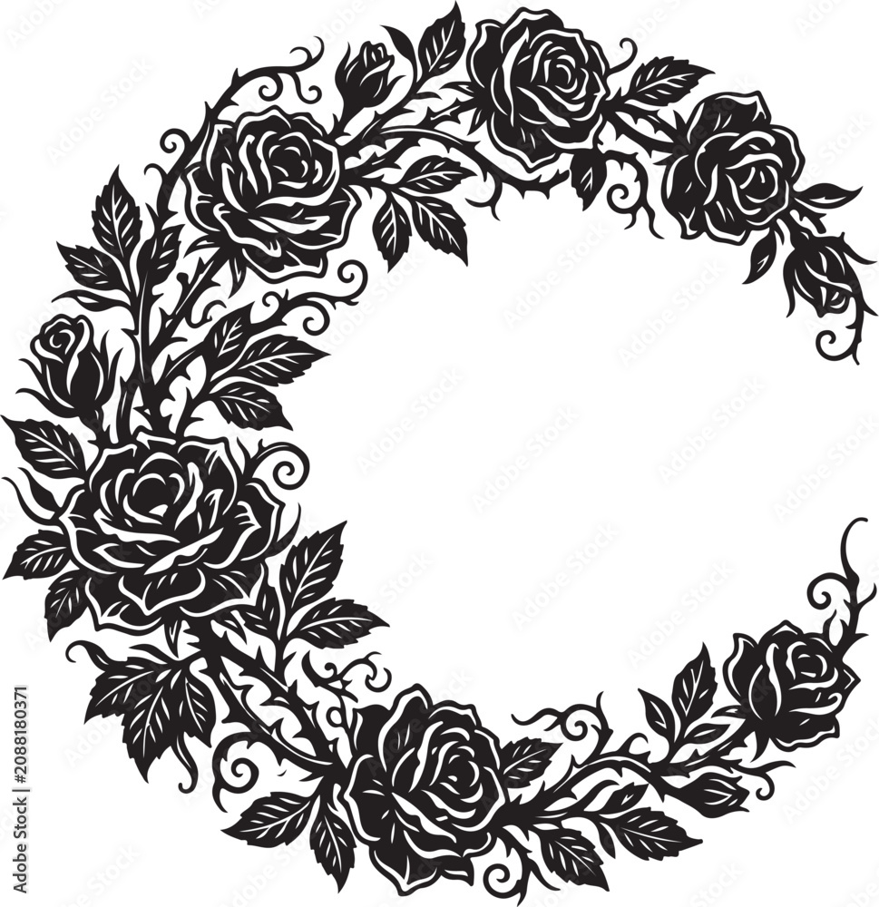 Fototapeta premium Black rose wreath, floral border, vector illustration, elegant design element