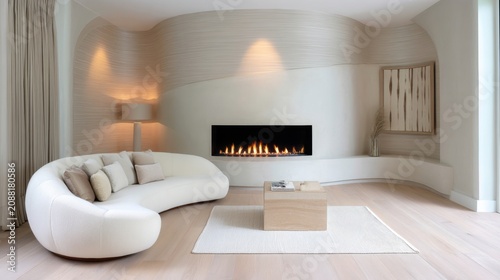 contemporary scandi living room with minimalist fireplace, curved cream sofa, textured walls, oak flooring, warm ambient lighting, calm neutral palette
