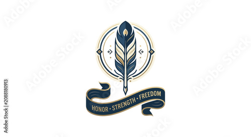Vintage feather emblem with ribbon banner for honor and freedom
