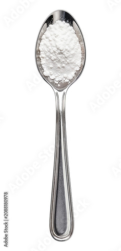 Metal teaspoon filled with white baking soda powder isolated on transparent background, sodium bicarbonate ingredient for cooking and cleaning PNG