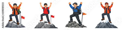 Vector of a male hiker raising his hands to signal successfully reaching the mountain summit. Vector, illustration, minimalist, flat