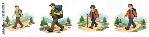 Vector of a man starting a hike on a mountain trail, carrying a hiking backpack. Vector, illustration, minimalist, flat