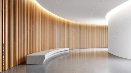 Ultra minimalist interior, a curved wall covered entirely by vertical light oak wood lamellas, creating a relentless linear rhythm, dark grey seamless