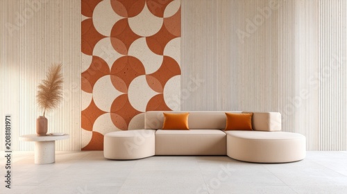 Warm minimalist living room, a sofa and matching wall panels featuring a rhythmic terracotta and clay colored semi circle geometric print, smooth plaster
