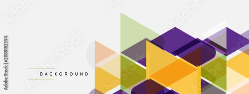 Abstract geometric shapes overlap, creating vibrant layered design. Colors include purple, yellow, green, orange, beige. Minimalist style.