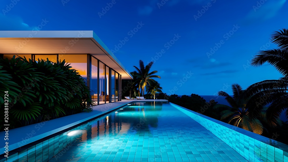 Fototapeta premium Contemporary architectural villa with illuminated infinity pool architecture tropical exterior 