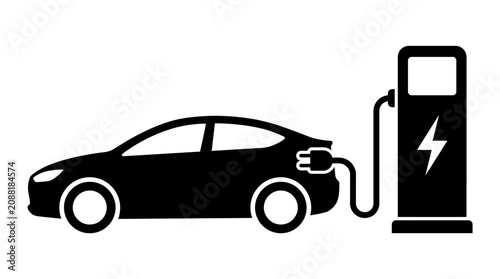 Electric Car And Charging Station Silhouette On White Background