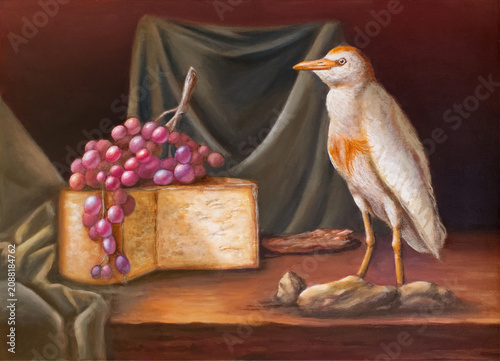 Still life with cattle egret, cheese and grapes.