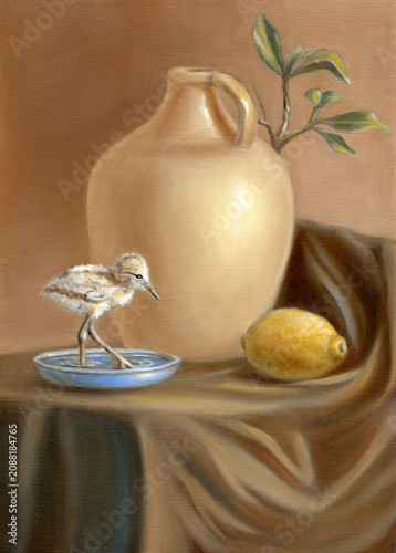 Still life with bird, vase and lemon