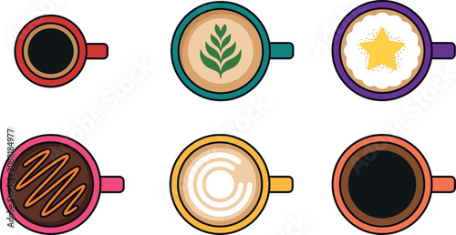 Obraz na płótnie Coffee cups top view vector set flat art latte illustration icons for cafe menu