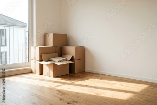 Stacked cardboard moving boxes in bright empty room with sunlight, relocation concept, no people