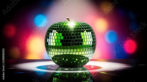 Shiny green disco ball apple with colorful bokeh light background for party and celebration