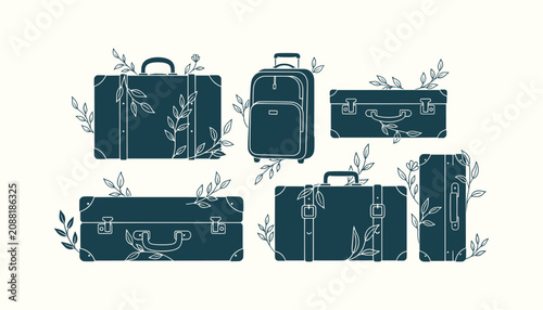 Tableau sur toile Vintage Suitcase and Luggage Collection with Botanical Leaf Decorative Elements
