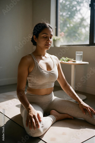 Woman Practicing Yoga in a Sunlit Room