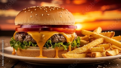 Delicious cheeseburger with fresh lettuce tomato and onion served with golden crispy fries on plate