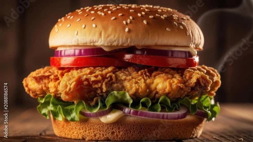 Crispy fried chicken sandwich with fresh lettuce tomato and onion on sesame bun close up