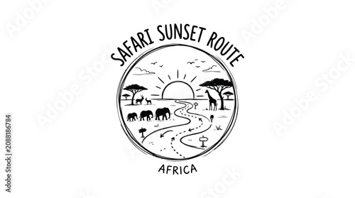 Safari sunset route logo with African landscape.