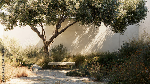 Drought tolerant urban landscape with olive tree, bench, and xeriscape garden in warm sunlight