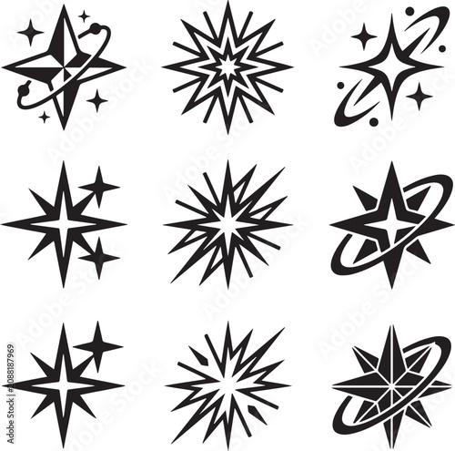 Black starburst icons, star symbols, sparkle graphics, vector set of 9