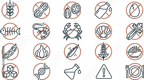 Schilderij op canvas Food allergy and dietary restriction vector icon set featuring allergen warning