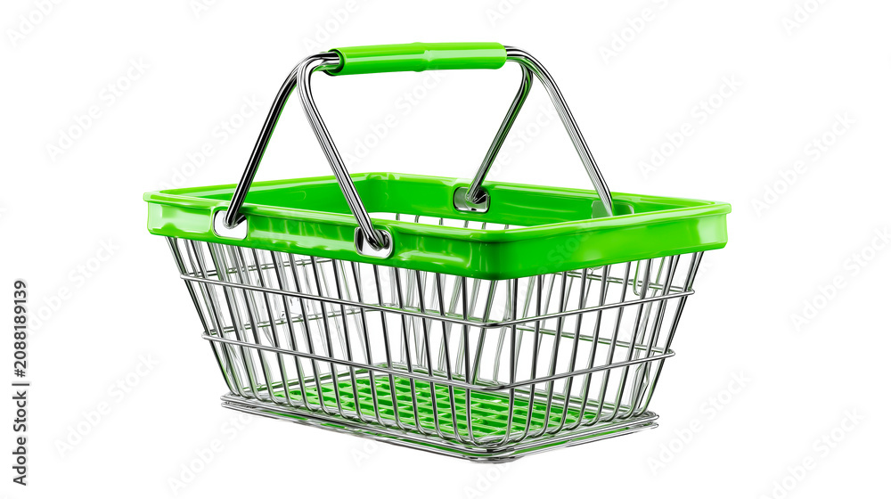 Fototapeta premium Wire shopping basket with green plastic handle isolated on white background.